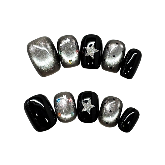 Midnight Starfall Black Cat-Eye Squoval Press-On Nails with Silver Shimmer Charms for Cosmic Glamour  16mm