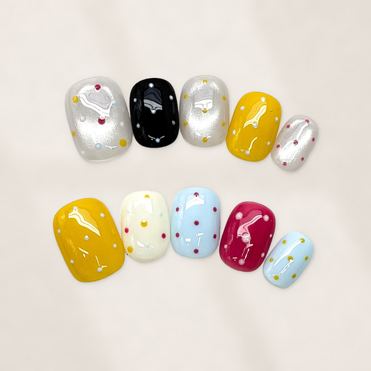 Confetti Carousel Short Squoval Press-On Nails in Mustard Yellow, Sky Blue, Berry, and Glossy Black  15mm
