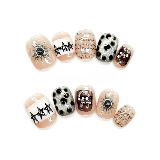 EvadiaGrace Sweet Cool Cat Eye Press On Nails Short Oval Reusable Glue On Nail Kit