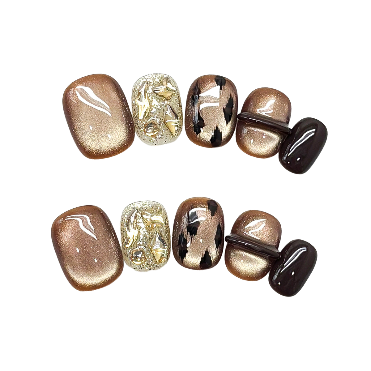 Molten Mocha Mosaic: Short Squoval Press-On Nails with Champagne Cat-Eye Shine, Black Brushstrokes, and Glossy Accents  15mm