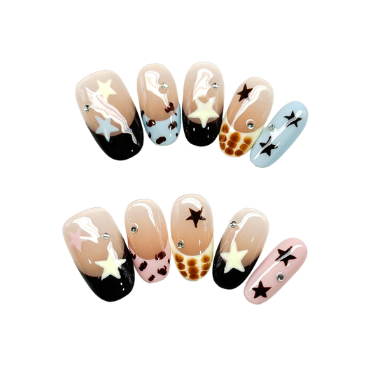 Sugar-Shadow Constellations: Glossy Nude Oval Press-On Nails with Espresso Stars and Pastel Accents 20mm
