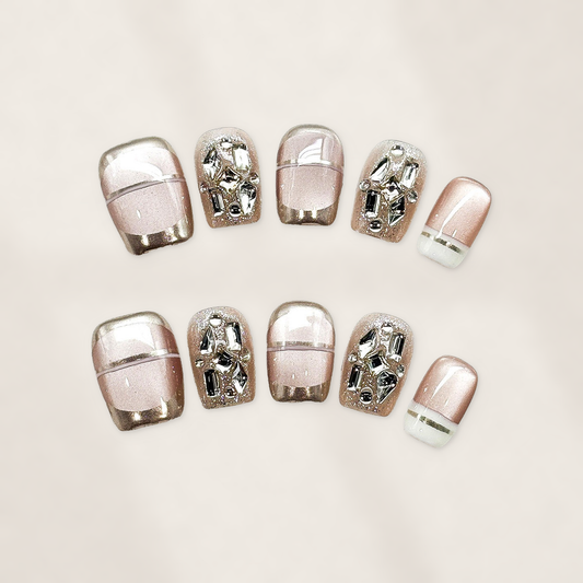 Champagne Geometry Illuminates Blush Short Squoval Press-On Nails with Jeweled Mirror Collage Accents