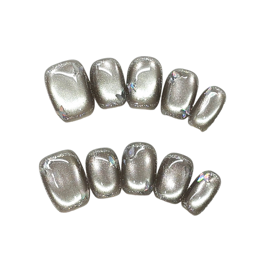 Moonlit Gunmetal Cat-Eye Short Squoval Press-On Nails Dusted with Scattered Iridescent Foil Accents  16mm