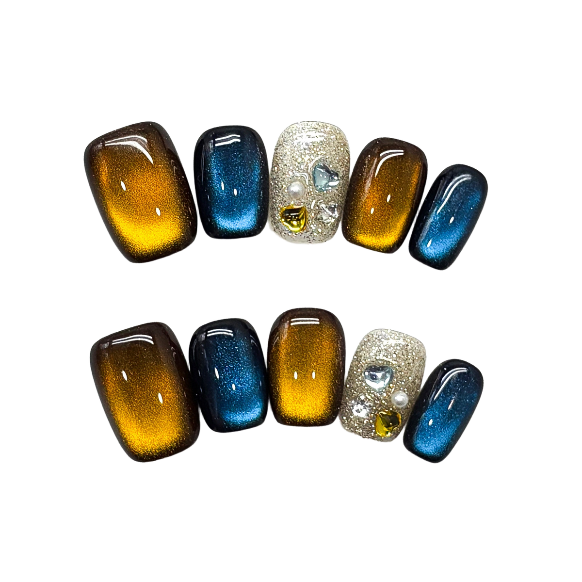 Amber Teal Cat-Eye Short Squoval Press-On Nails with Silver Glitter, Crystal Charms, and Luxe Autumn Contrast  16mm