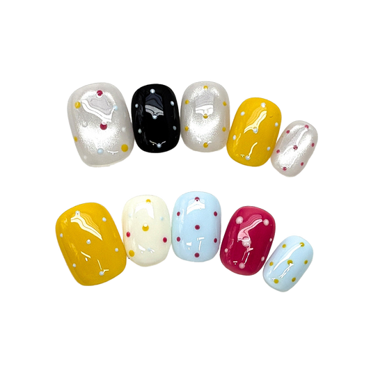 Confetti Carousel Short Squoval Press-On Nails in Mustard Yellow, Sky Blue, Berry, and Glossy Black  15mm
