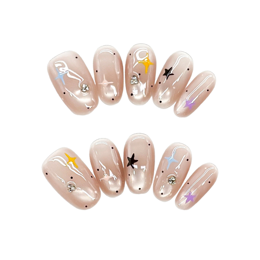 Starlit Blush Jelly Oval Press-On Nails with Aurora Bursts, Pearly Foil, and Crystal Sparkle  20mm