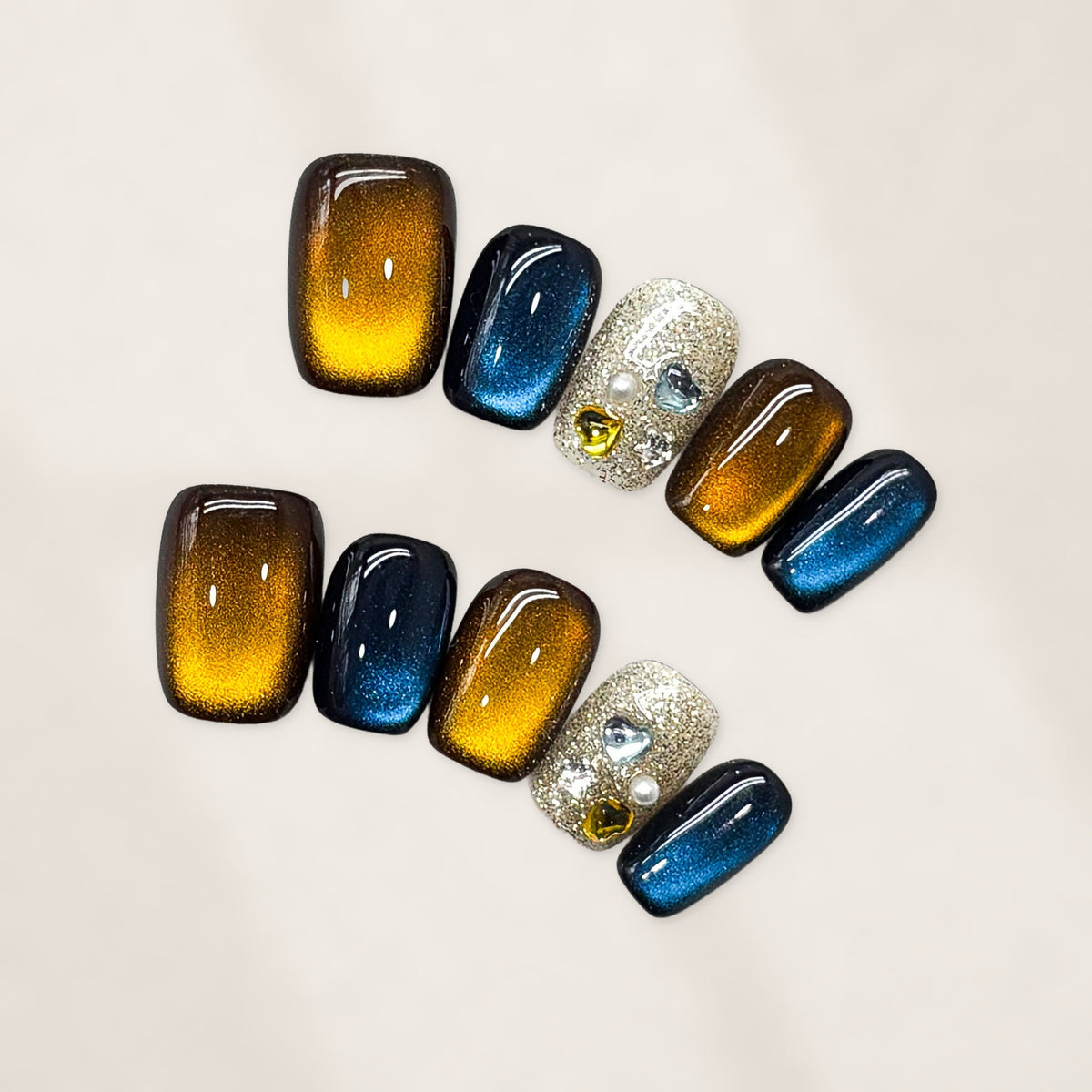 Amber Teal Cat-Eye Short Squoval Press-On Nails with Silver Glitter, Crystal Charms, and Luxe Autumn Contrast  16mm