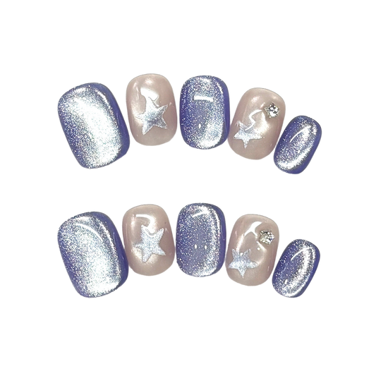 Midnight Wishes Purple Cat-Eye Squoval Press-On Nails with Silver Stars and Crystal Sparkle 15mm