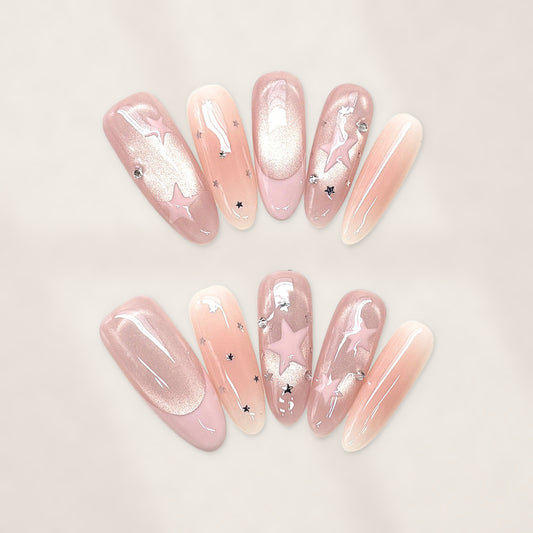 Wish Upon Blush with Mauve Cat-Eye Coffin Press-On Nails and Silver Star Sparkle  22mm