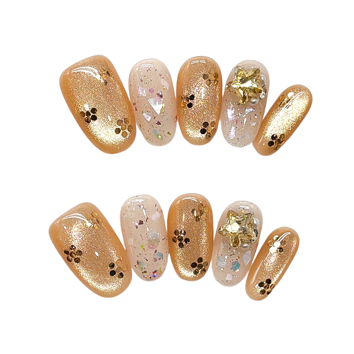 Golden Champagne Mosaic Press-On Nails with Short Squoval Cat-Eye Shimmer, Iridescent Flakes, and Foil Accents  20mm