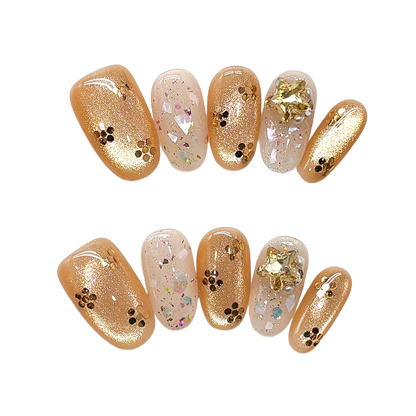 Golden Champagne Mosaic Press-On Nails with Short Squoval Cat-Eye Shimmer, Iridescent Flakes, and Foil Accents  20mm