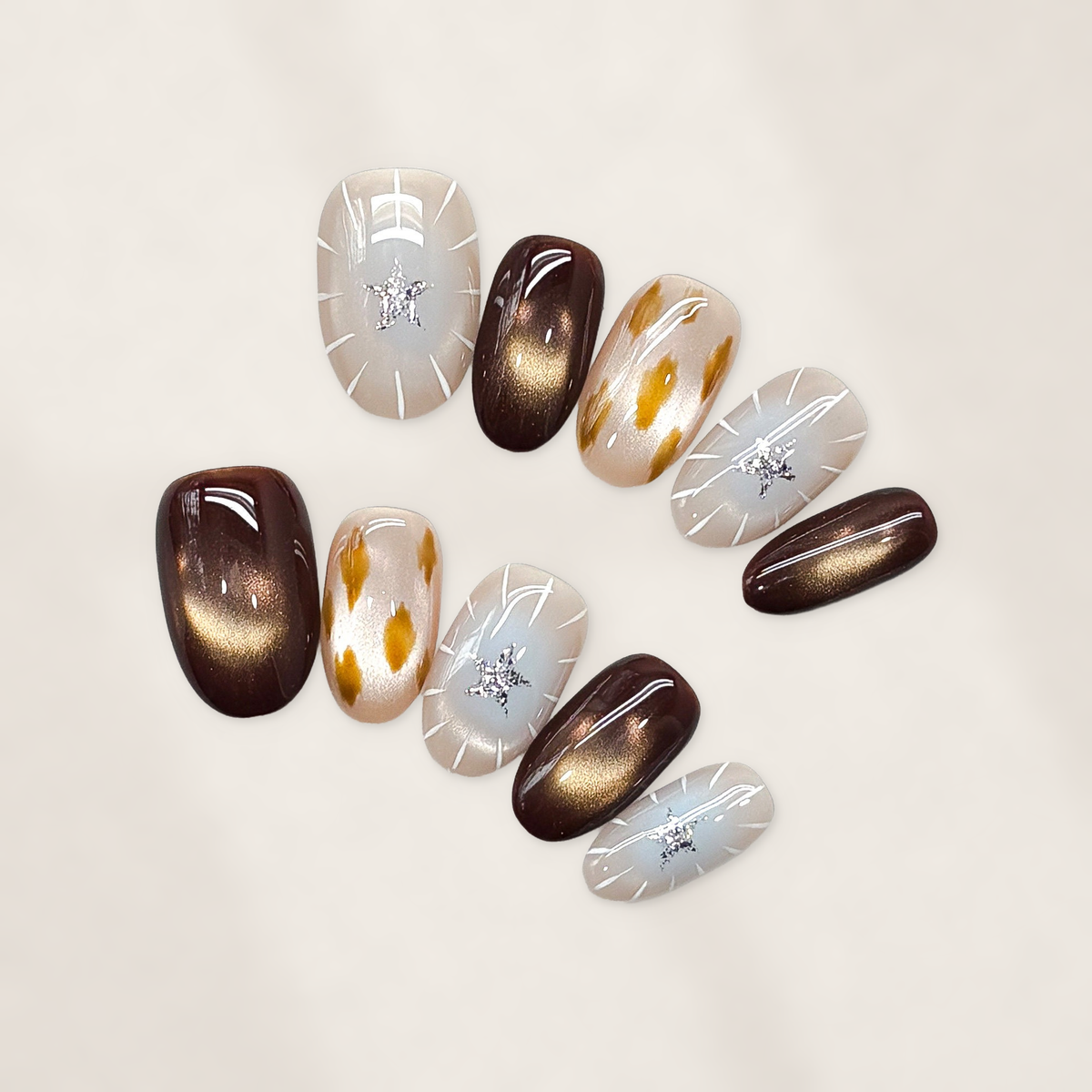 Velvet Mocha Safari: Short Squoval Press-On Nails with Cat-Eye Shine, Golden Spots, and Crystal Starbursts  20mm