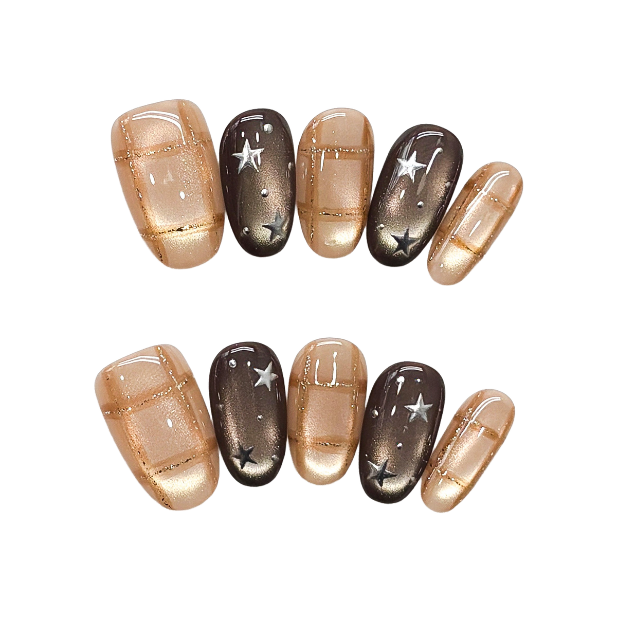 Mocha Galaxy Press-On Nails with Short Oval Tips, Cat-Eye Shimmer, Plaid Lines, and Silver Stars  20mm