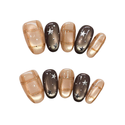 Mocha Galaxy Press-On Nails with Short Oval Tips, Cat-Eye Shimmer, Plaid Lines, and Silver Stars  20mm