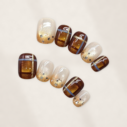 Espresso Starlit Press-On Nails with Short Squoval Tips, Golden Cat-Eye Plaid Panels, and Celestial Star Accents  15mm