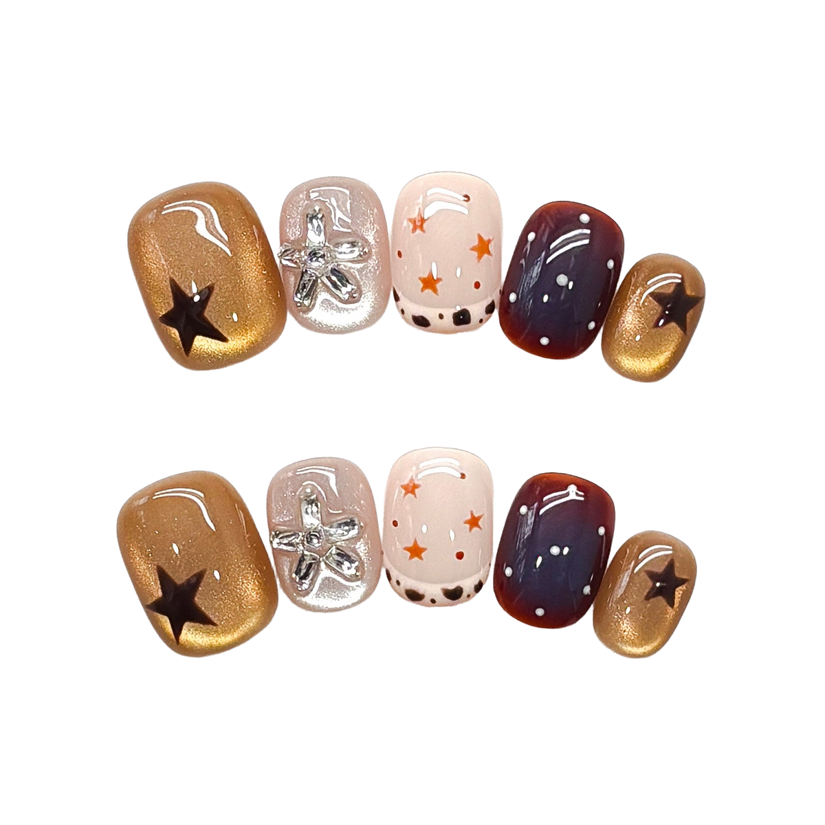 Bronze Starry Mosaic Short Squoval Press-On Nails with Burgundy, Blush, and Celestial Accents  15mm