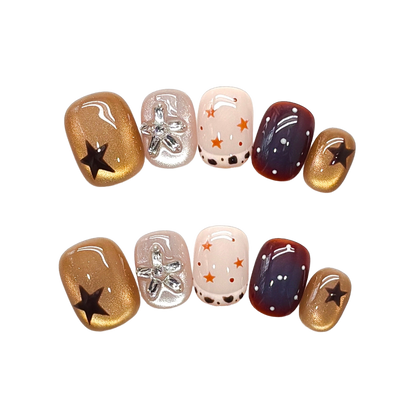 Bronze Starry Mosaic Short Squoval Press-On Nails with Burgundy, Blush, and Celestial Accents  15mm