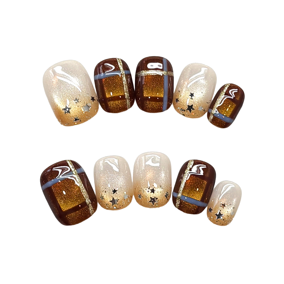 Espresso Starlit Press-On Nails with Short Squoval Tips, Golden Cat-Eye Plaid Panels, and Celestial Star Accents  15mm