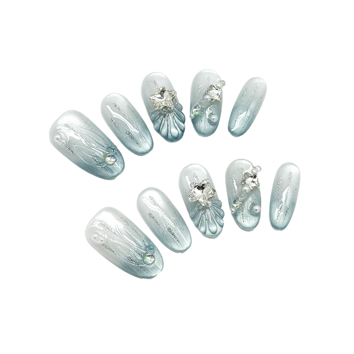 Glacial Mermaid Blue Oval Press-On Nails with Pearlescent Cat-Eye Shimmer, Sculpted Shells, Stars, and Silver Charms 22mm