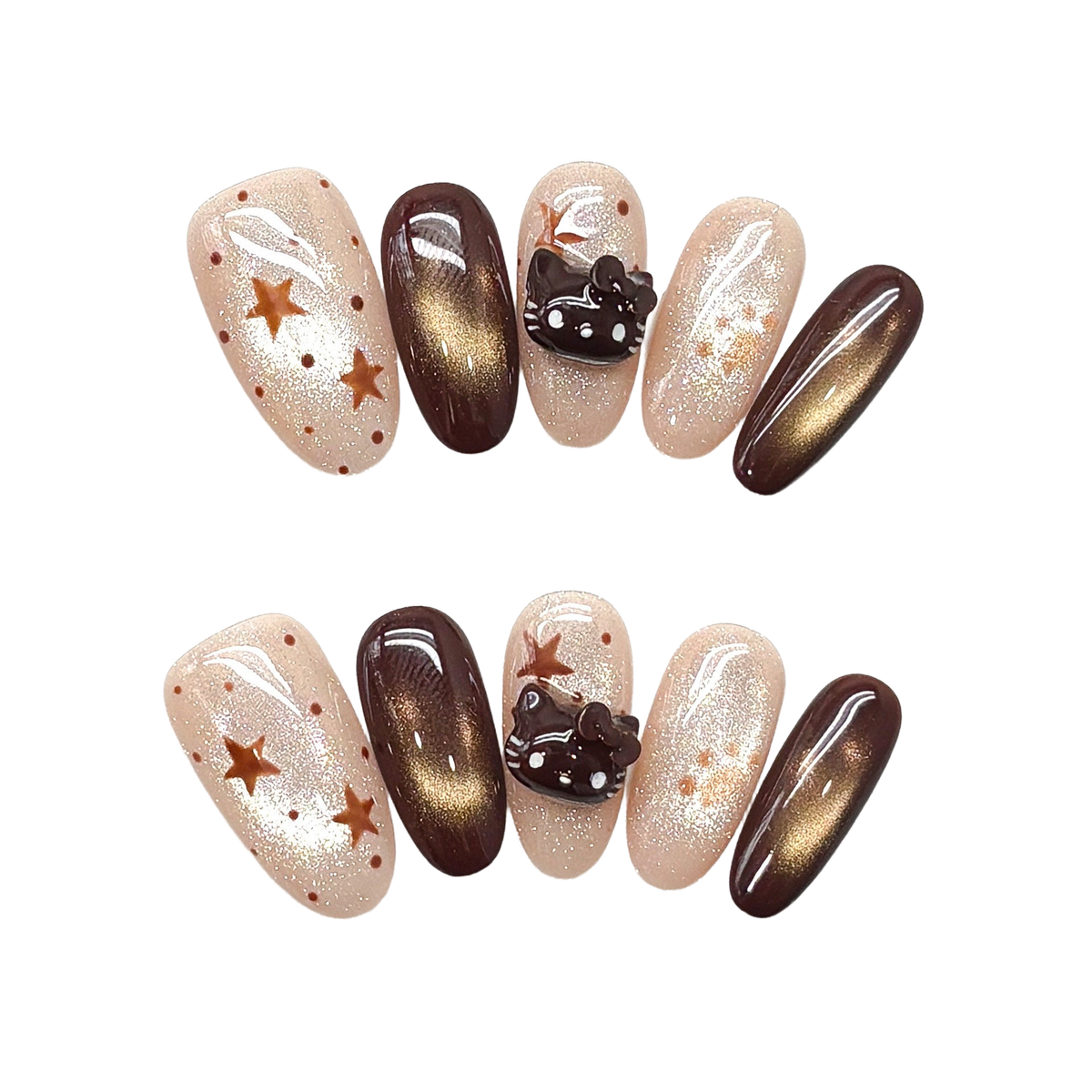 Cocoa Kitty Constellation: Short Squoval Press-On Nails with Nude Glitter, Bronze Stars, and Glossy Cat-Eye Chocolate Accents 20mm