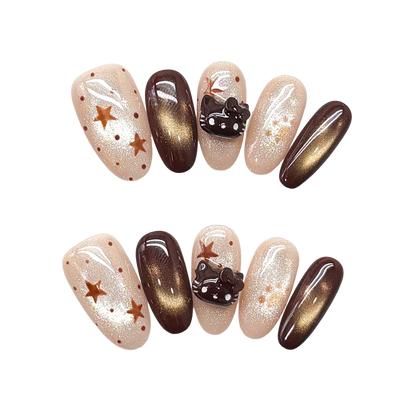 Cocoa Kitty Constellation: Short Squoval Press-On Nails with Nude Glitter, Bronze Stars, and Glossy Cat-Eye Chocolate Accents 20mm