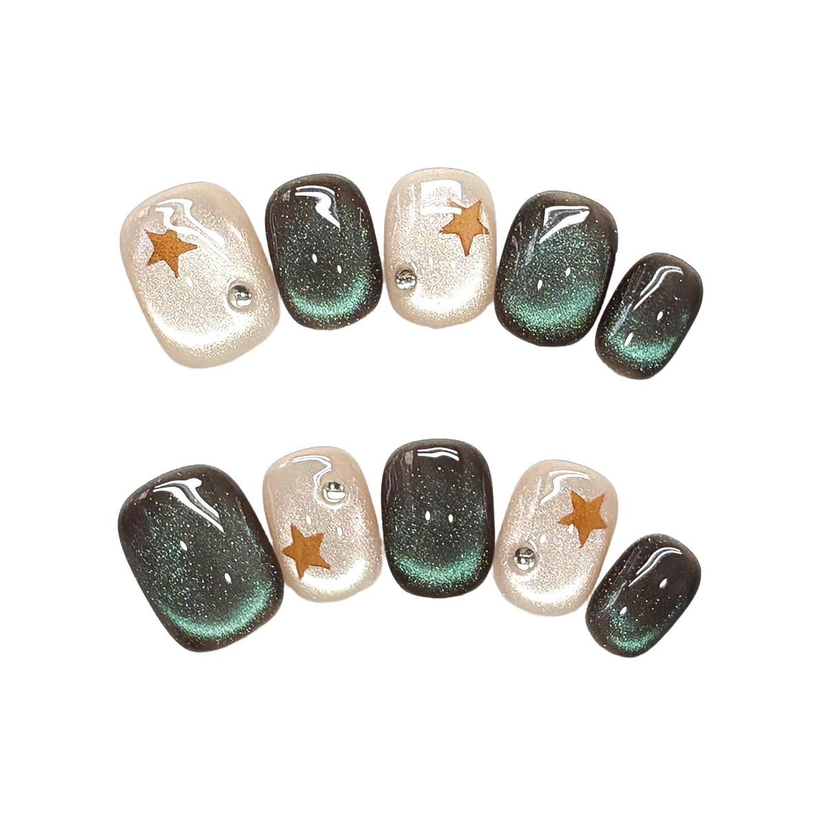 Emerald Moonlight Press-On Nails with Short Rounded Tips, Cat-Eye Glow, Golden Stars, and Pearl Accents  15mm