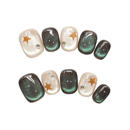 Emerald Moonlight Press-On Nails with Short Rounded Tips, Cat-Eye Glow, Golden Stars, and Pearl Accents  15mm