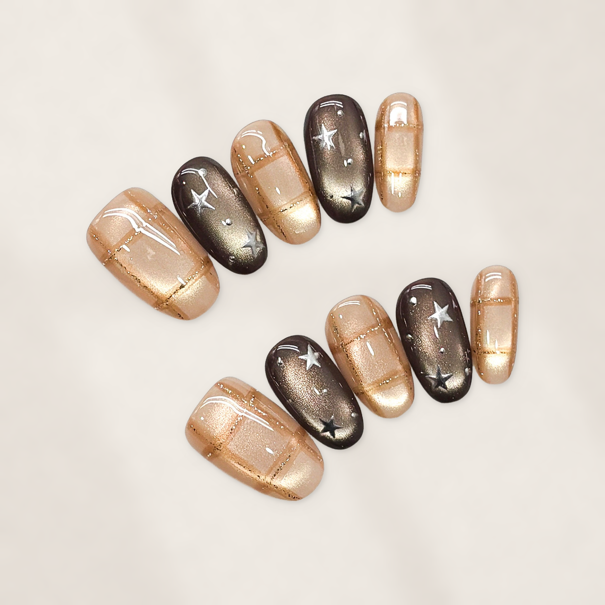 Mocha Galaxy Press-On Nails with Short Oval Tips, Cat-Eye Shimmer, Plaid Lines, and Silver Stars  20mm