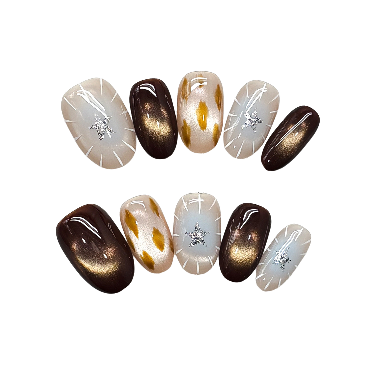 Velvet Mocha Safari: Short Squoval Press-On Nails with Cat-Eye Shine, Golden Spots, and Crystal Starbursts  20mm