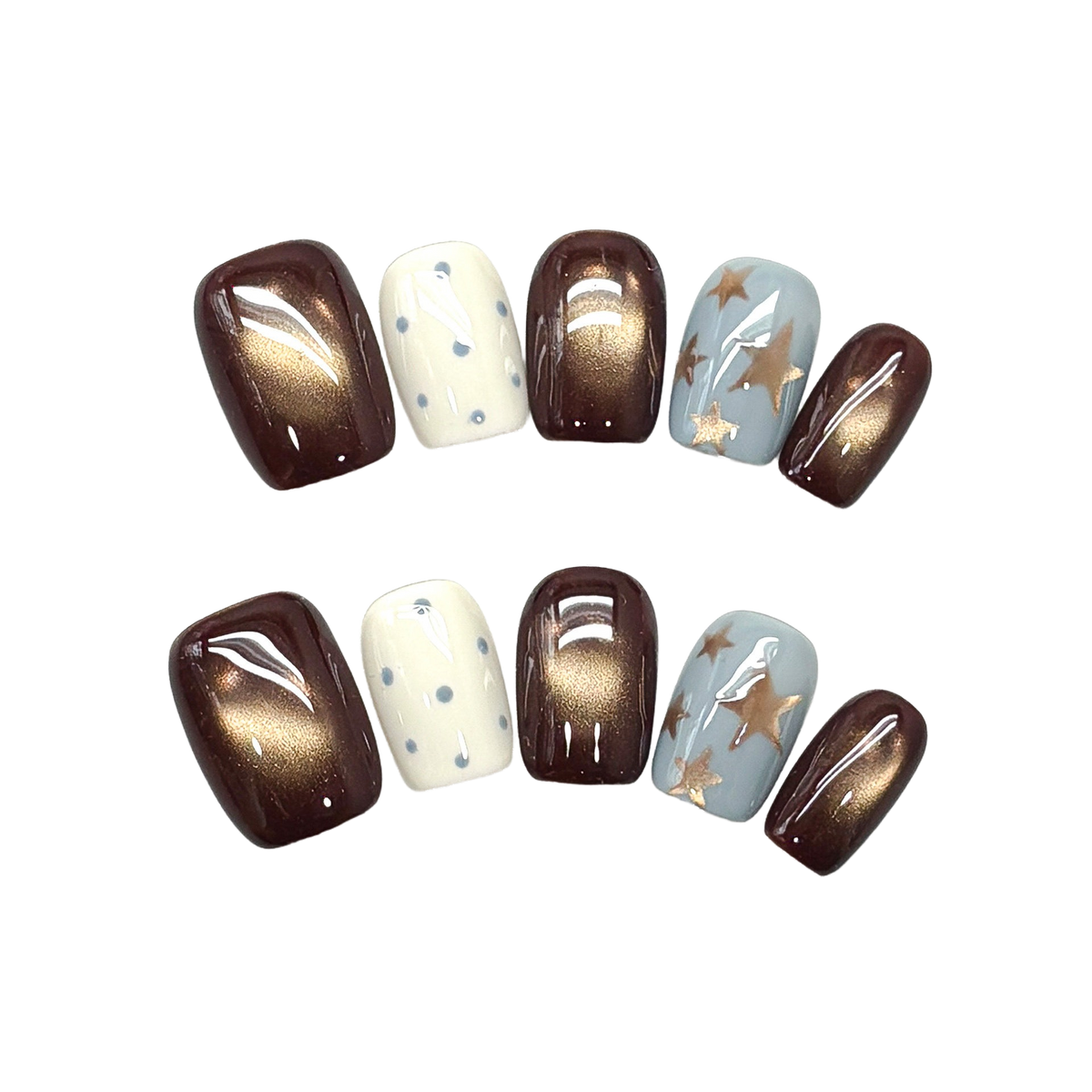 Autumn Cocoa Starfall Short Squoval Press-On Nails with Bronze Cat-Eye Glow, Blue Starbursts, and Glossy Cream Dots 16mm