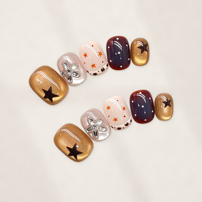 Bronze Starry Mosaic Short Squoval Press-On Nails with Burgundy, Blush, and Celestial Accents  15mm