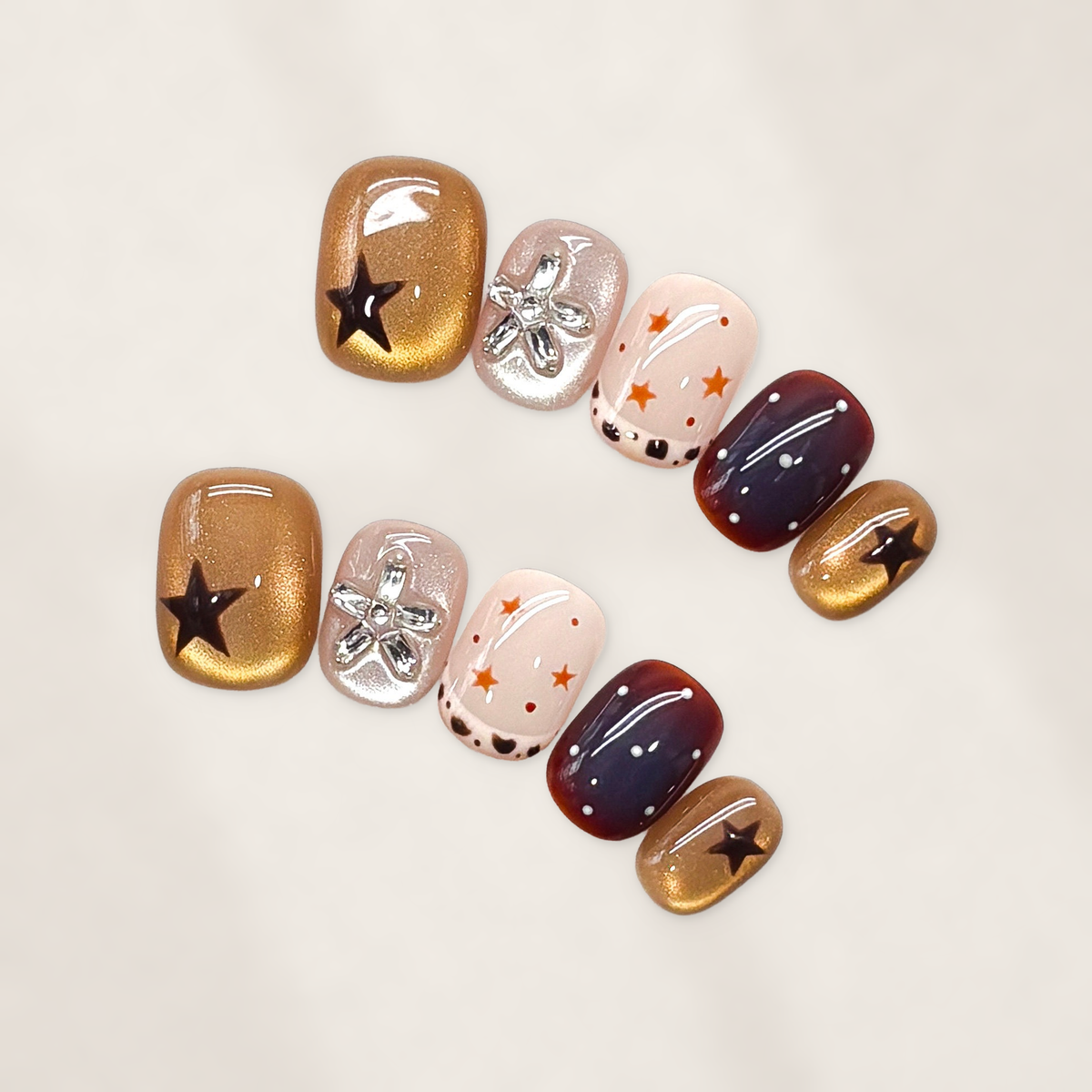 Bronze Starry Mosaic Short Squoval Press-On Nails with Burgundy, Blush, and Celestial Accents  15mm