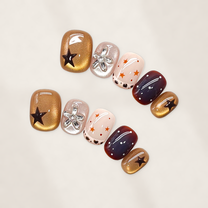 Bronze Starry Mosaic Short Squoval Press-On Nails with Burgundy, Blush, and Celestial Accents  15mm