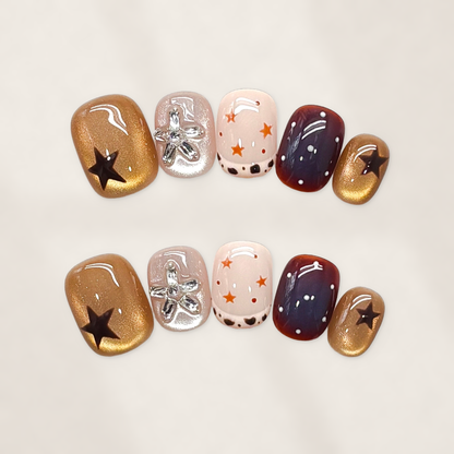 Bronze Starry Mosaic Short Squoval Press-On Nails with Burgundy, Blush, and Celestial Accents  15mm