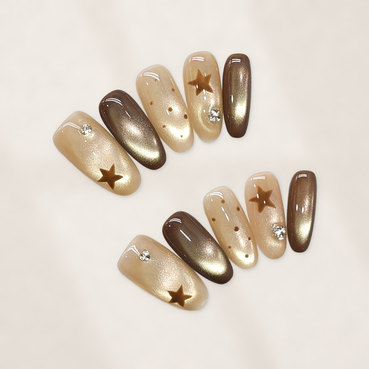 Mocha Starry Glow Medium Squoval Press-On Nails with Champagne Cat-Eye Shimmer and Crystal Accents  22mm