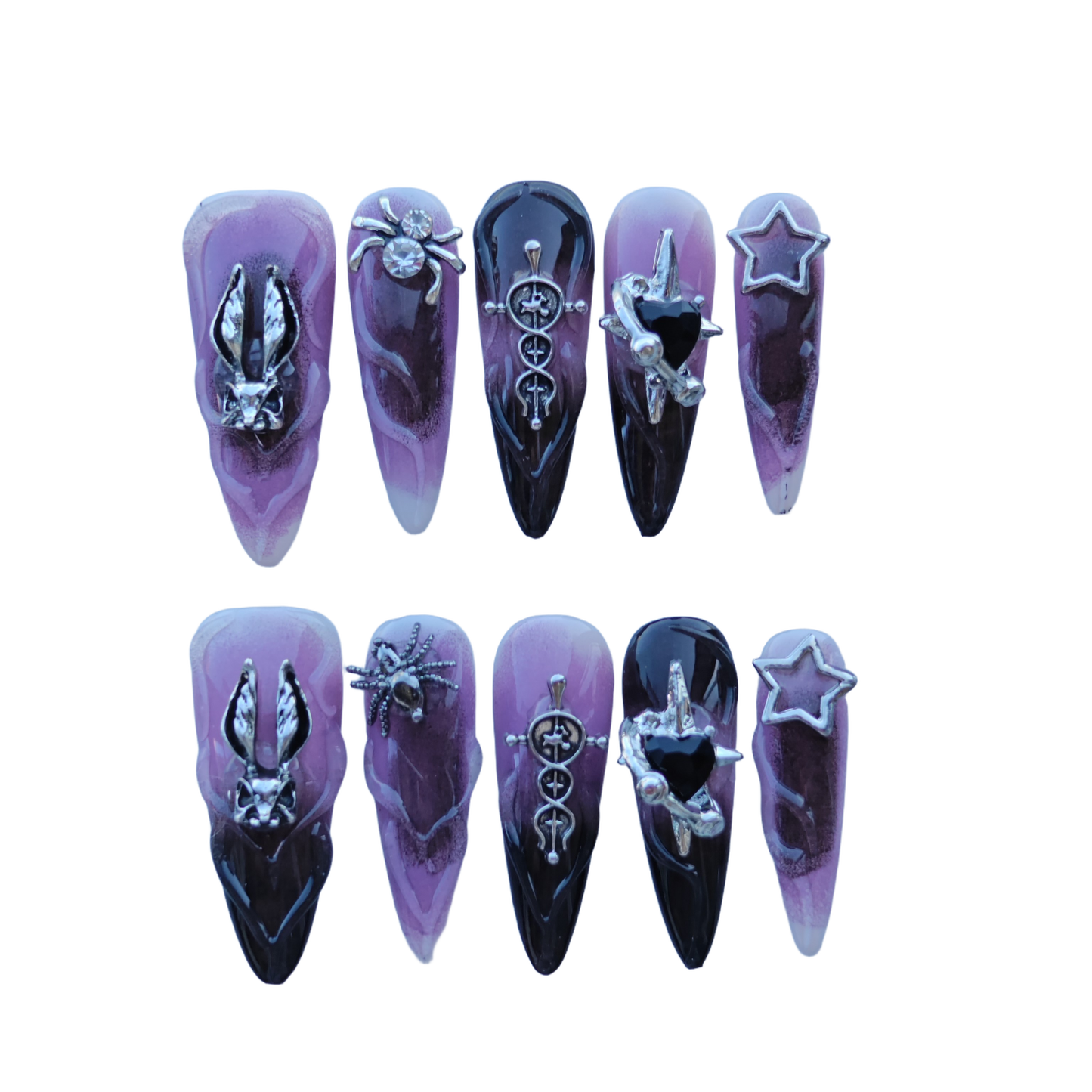 Amethyst Mist Gothic Nails – 3D Rabbit Head, Spider Gem & Black Heart Charm | Fantasy Chrome Press-On Nails by Evadia Grace