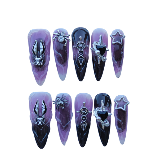 Amethyst Mist Gothic Nails – 3D Rabbit Head, Spider Gem & Black Heart Charm | Fantasy Chrome Press-On Nails by Evadia Grace