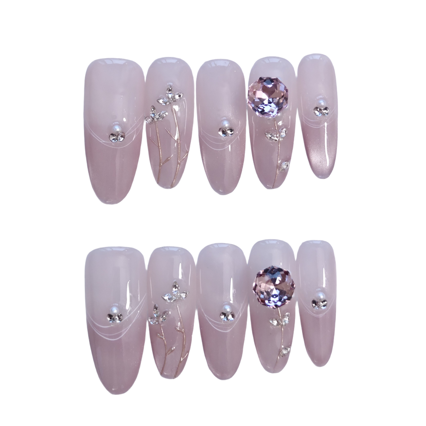 Blush Floral Press-On Nails with Faux Pearls, Rhinestones & Gold Vine Accents