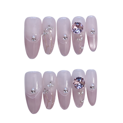 Blush Floral Press-On Nails with Faux Pearls, Rhinestones & Gold Vine Accents