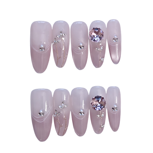 Blush Floral Press-On Nails with Faux Pearls, Rhinestones & Gold Vine Accents