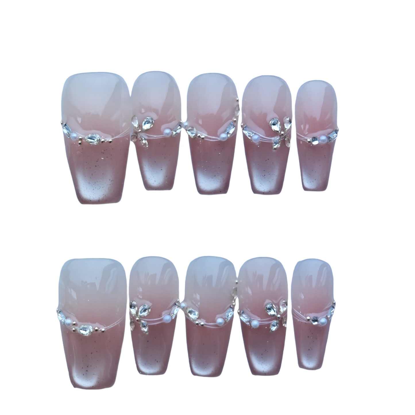 Blush Gradient Press-On Nails with Petal Rhinestone Accents & Pearl Detailing