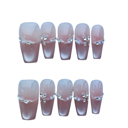 Blush Gradient Press-On Nails with Petal Rhinestone Accents & Pearl Detailing