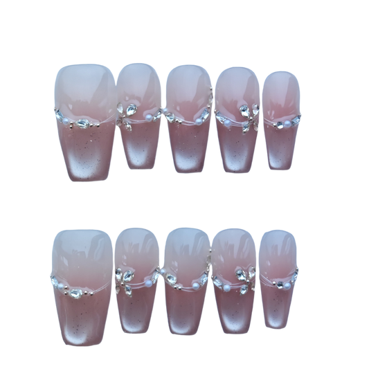 Blush Gradient Press-On Nails with Petal Rhinestone Accents & Pearl Detailing