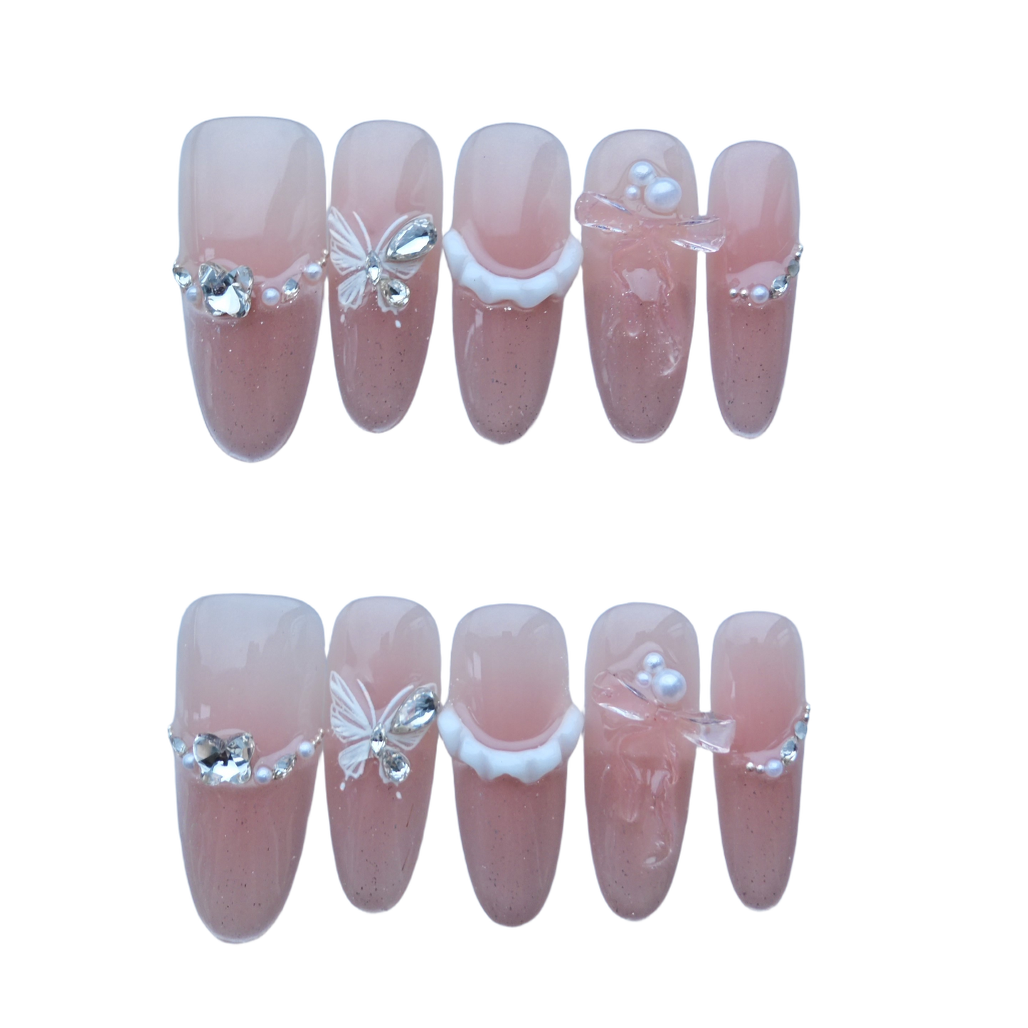Blush Pink Glitter Press-On Nails with Butterfly, Bow & Pearl Accents