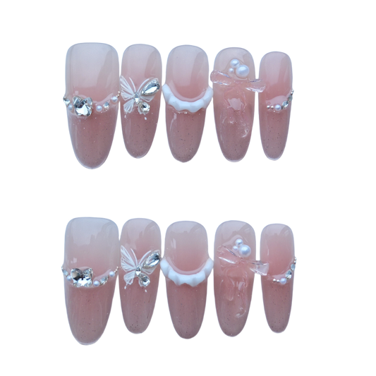 Blush Pink Glitter Press-On Nails with Butterfly, Bow & Pearl Accents