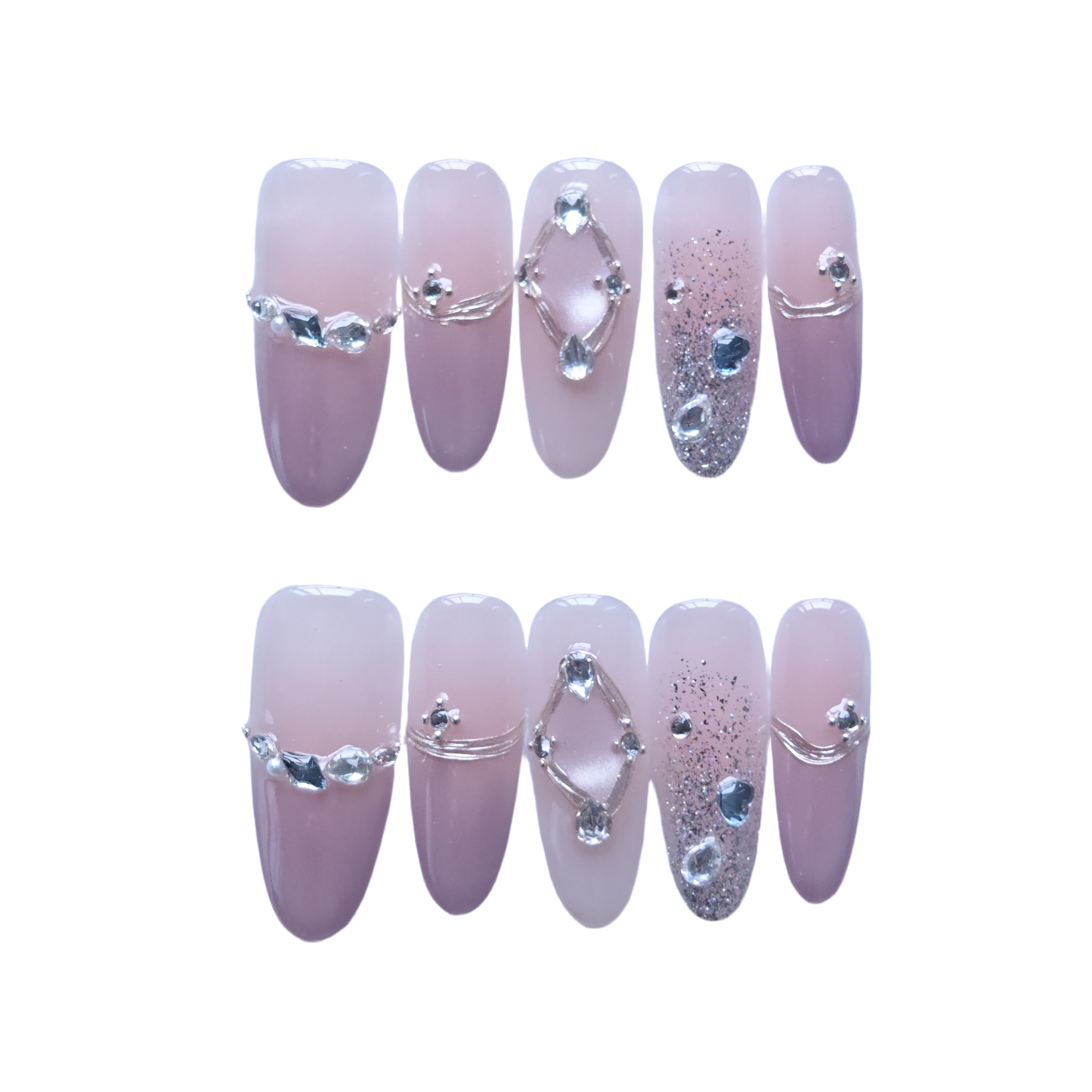 Blush Pink Gradient Press-On Nails with Faux Diamond & Silver Wire Accents