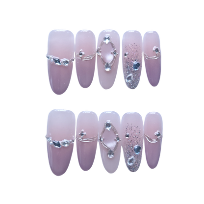Blush Pink Gradient Press-On Nails with Faux Diamond & Silver Wire Accents
