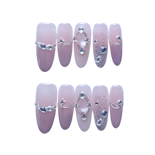 Blush Pink Gradient Press-On Nails with Faux Diamond & Silver Wire Accents