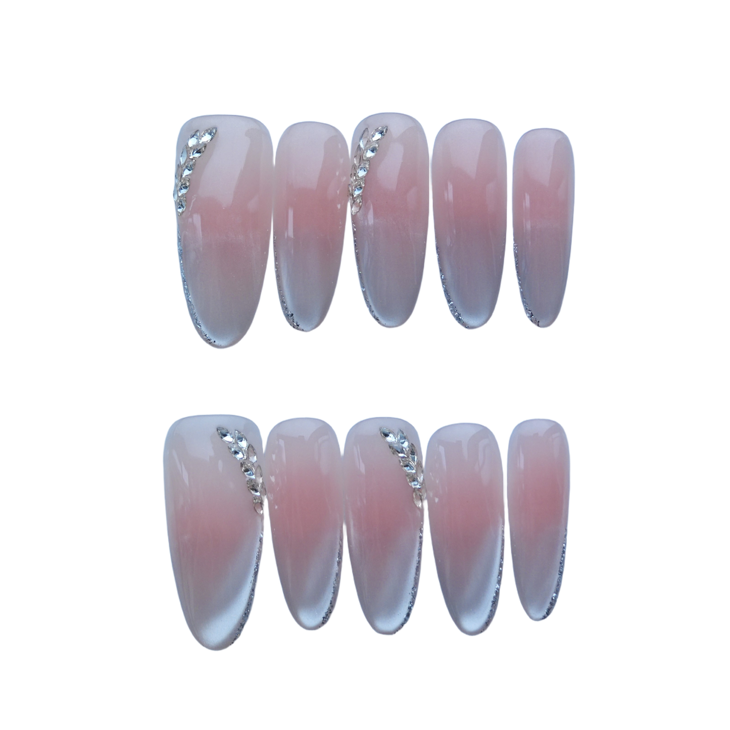 Blush Pink Gradient Press-On Nails with Rhinestone Leaf Accents