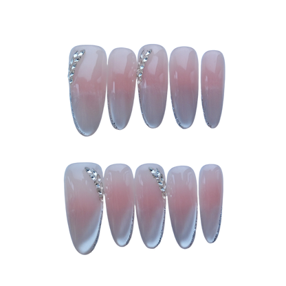 Blush Pink Gradient Press-On Nails with Rhinestone Leaf Accents
